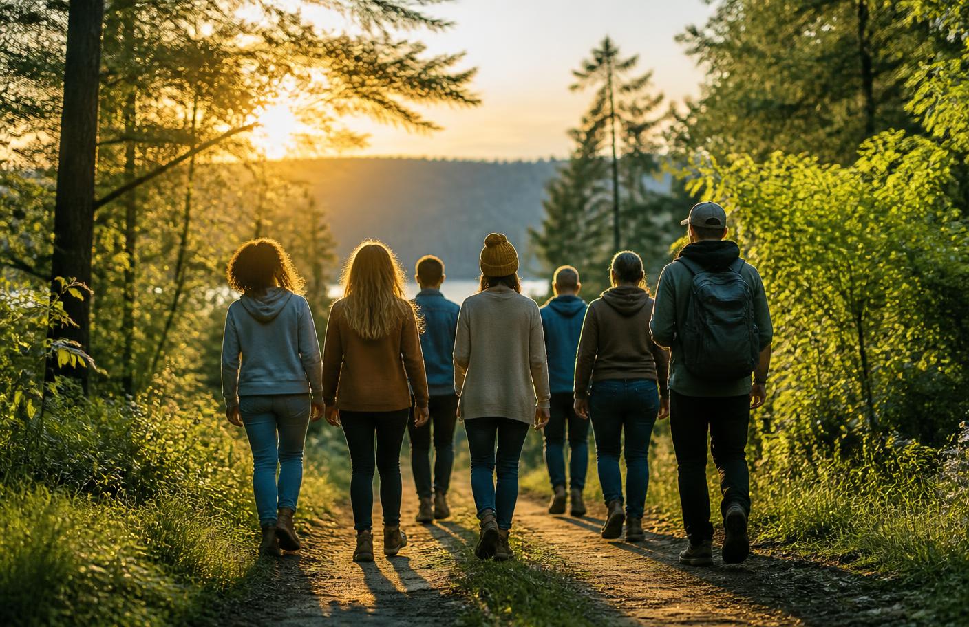A small group walking together along a forest path at golden hour
