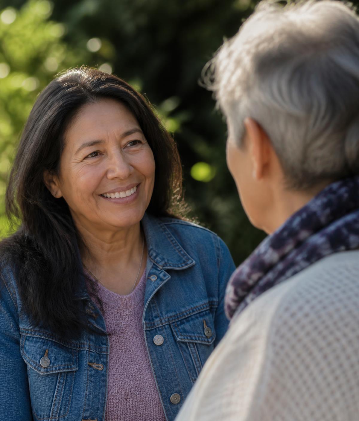 Two people in a warm, supportive conversation outdoors
